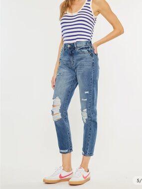 Kancan Distressed High-Rise Straight Leg Jeans - Dark Blue size 27